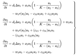 andler's model: These partial differential equations each correspond to a group of speakers: English, Gaelic, and bilinguals. The variables stand for aspects of the social situation; c12 and c32, for instance, are the likelihood that bilingual speakers will become monolingual